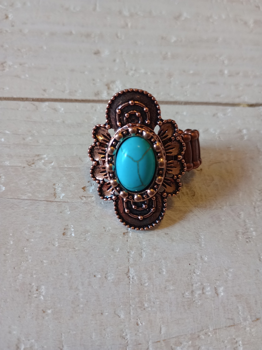 paparazzi Copper-Tone Floral Ring with Turquoise Oval Stone